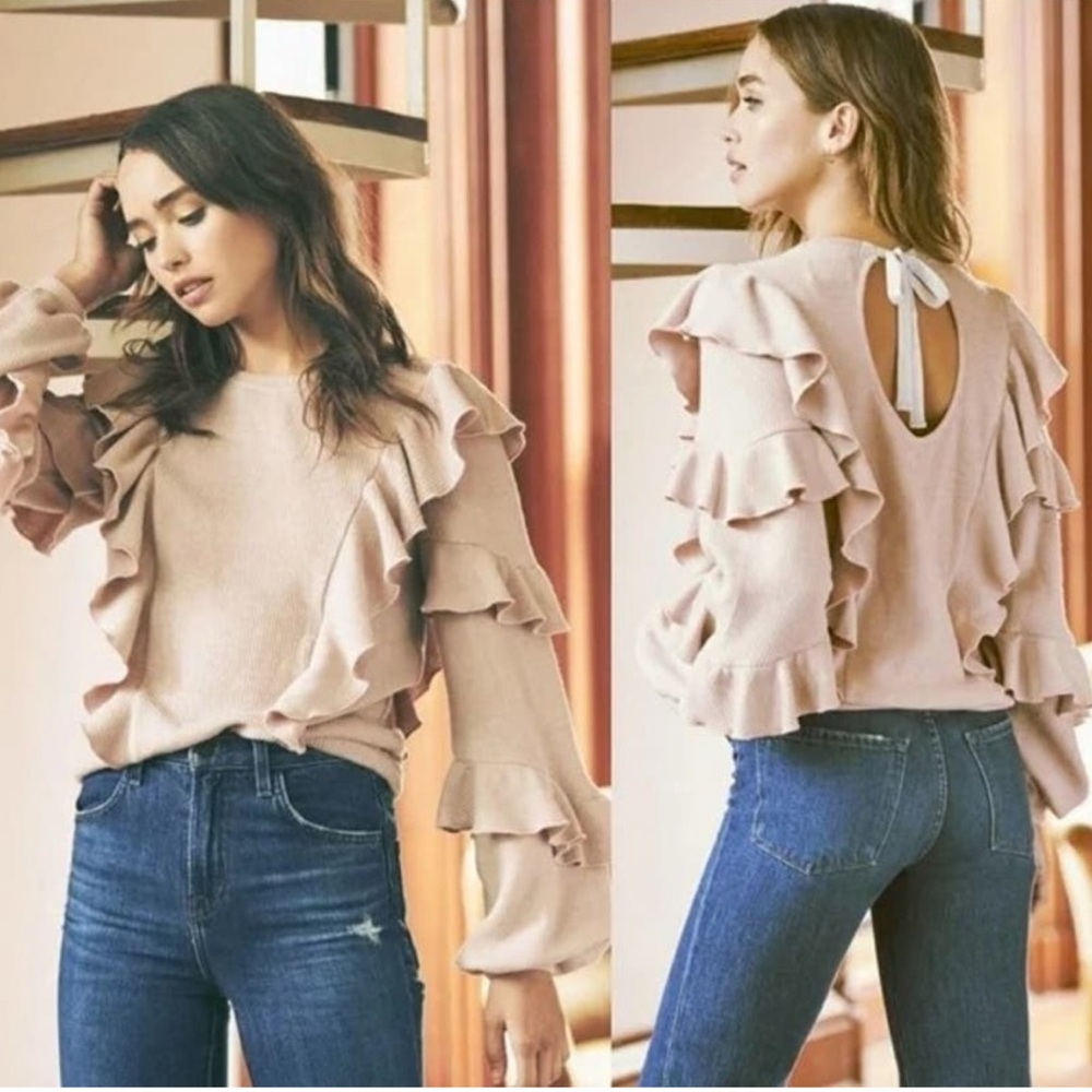 Saylor Avian Light Pink Ribbed Cascade Ruffle Tie Back Sweater Size Extra Small
